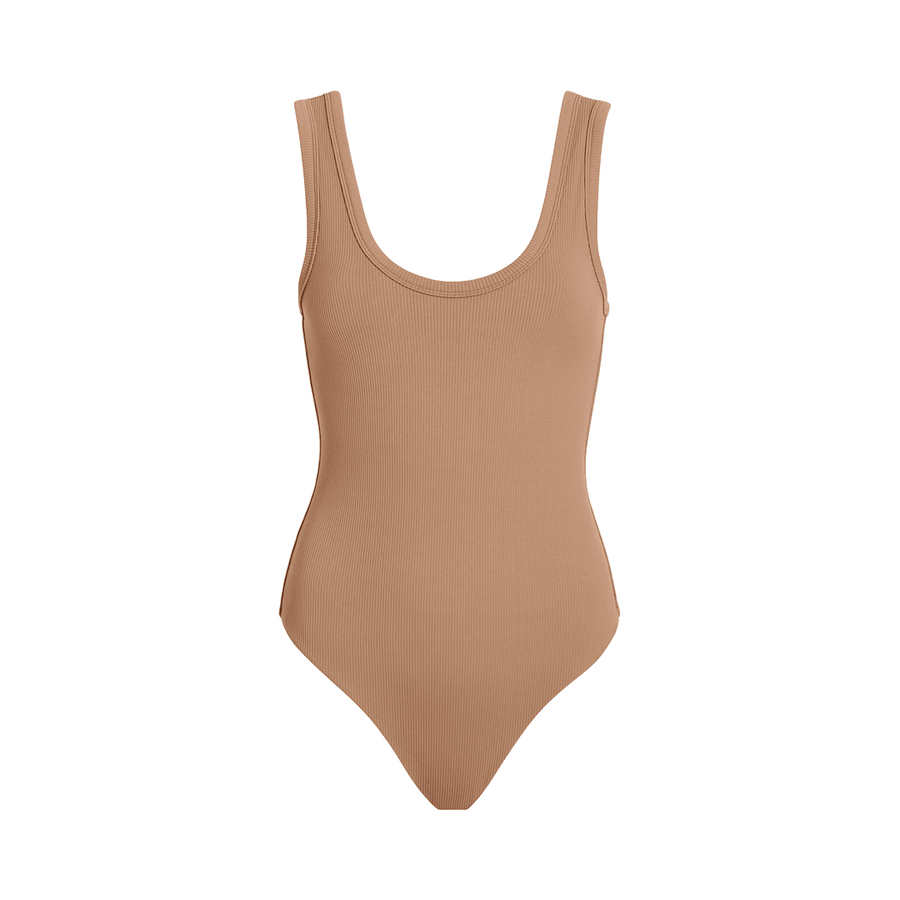 Women's Ribbed Scoop Tank Bodysuit - Cinnamon