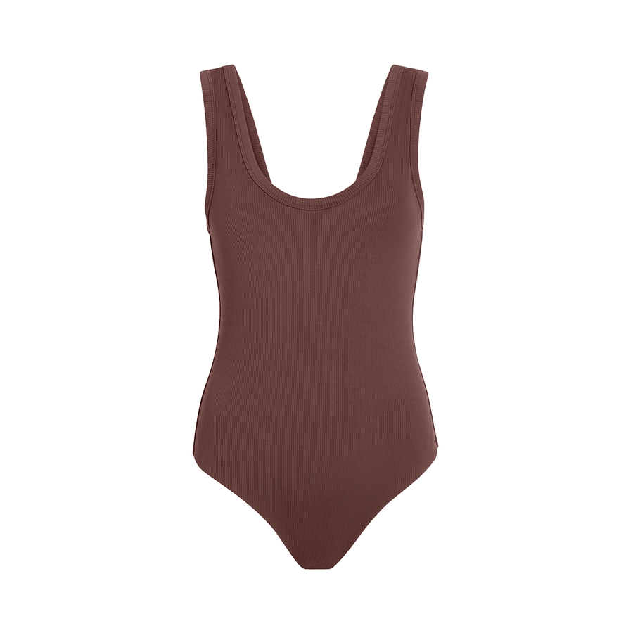 Women's Ribbed Scoop Tank Bodysuit - Coffee