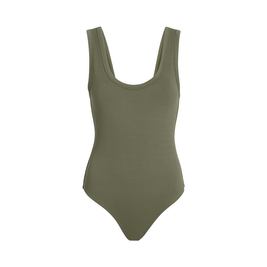 Women's Ribbed Scoop Tank Bodysuit - Dark Olive