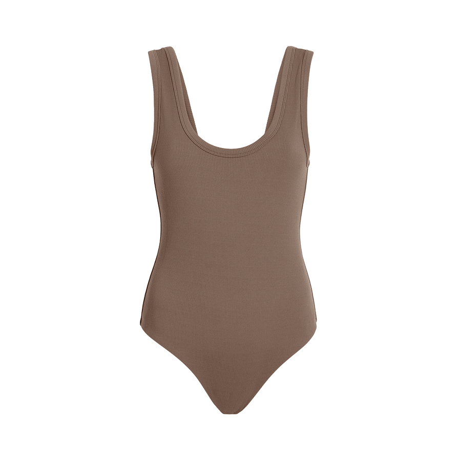 Women's Ribbed Scoop Tank Bodysuit - Mocha
