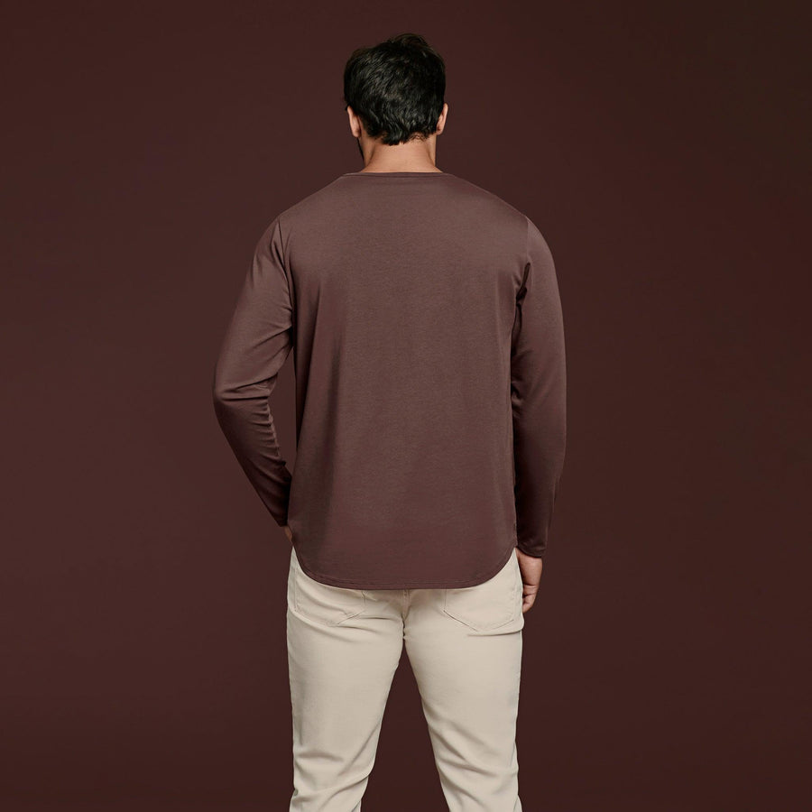 Men's Long Sleeve Curved Hem T-Shirt - Coffee - nuuds