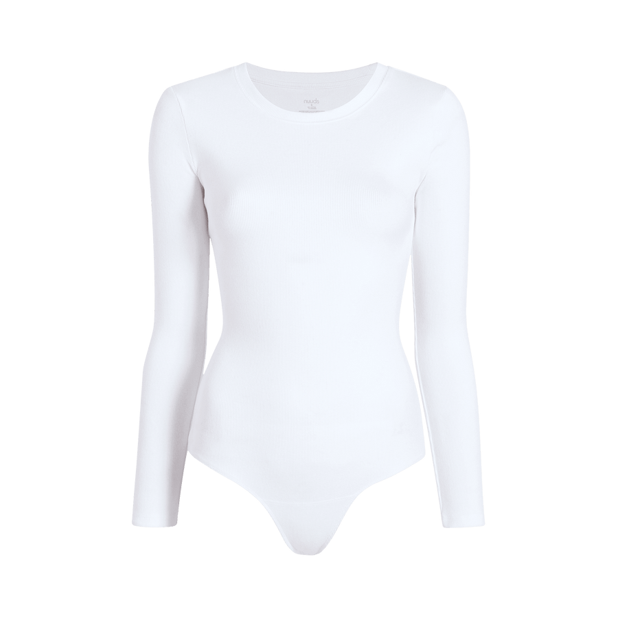 Women's Long Sleeve Ribbed Crewneck Bodysuit - White - nuuds