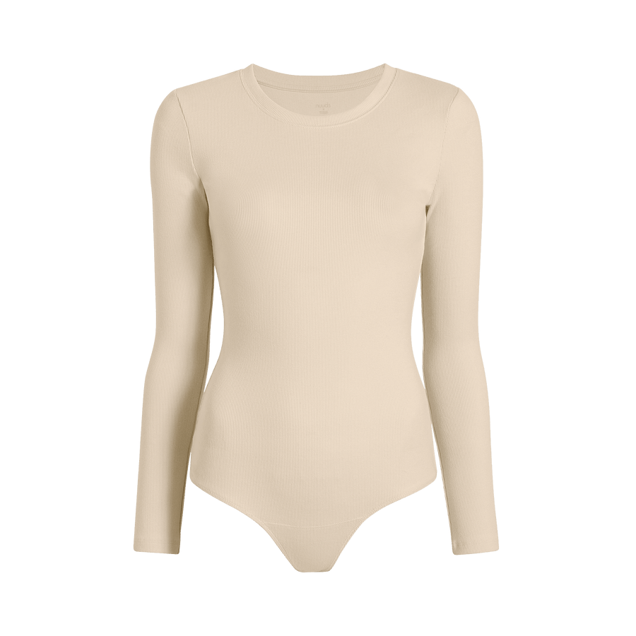 Women's Long Sleeve Ribbed Crewneck Bodysuit - Bone - nuuds