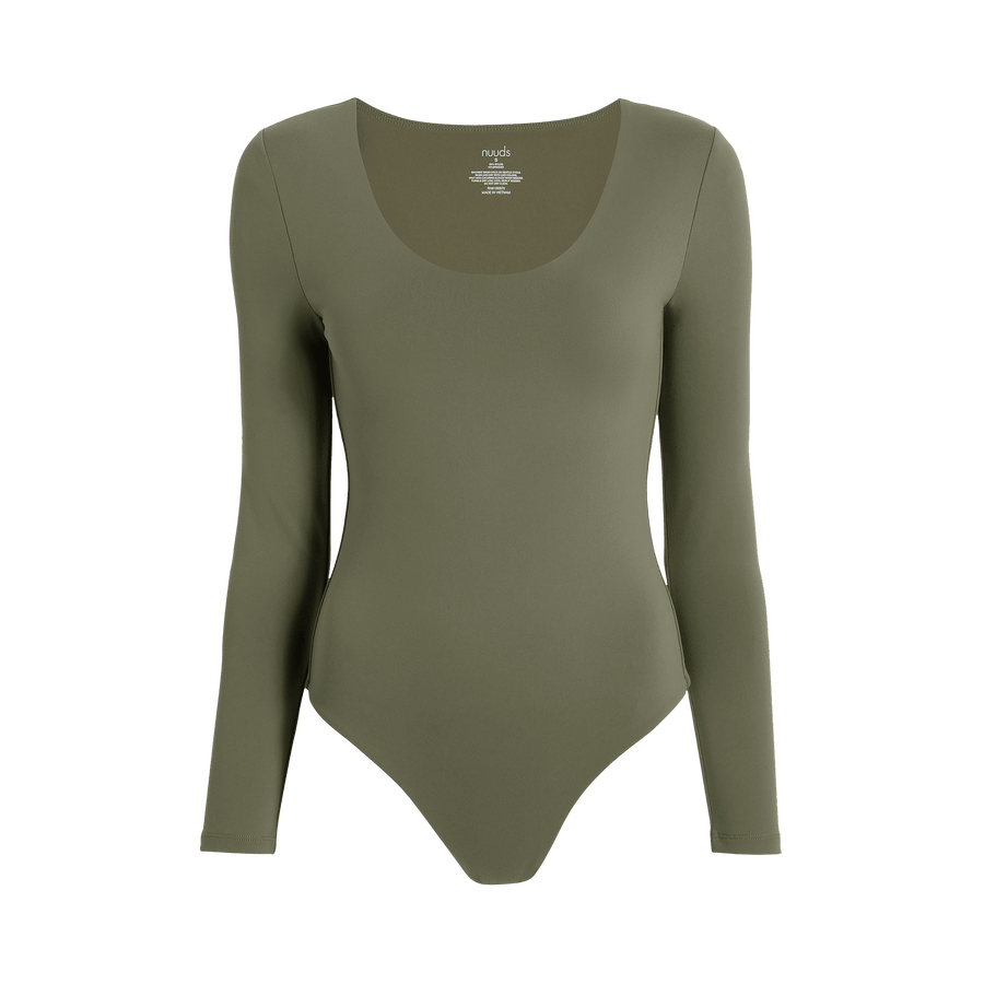 Women's Long Sleeve Scoop Neck Bodysuit - Dark Olive - nuuds